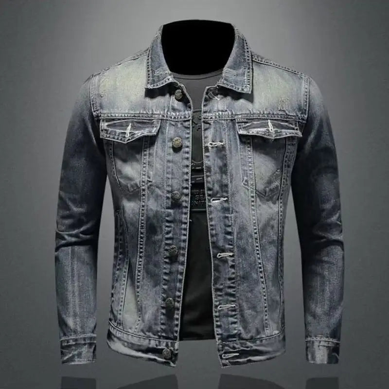 2025 Men's Autumn Winter Brand Casual Cotton Jacket with American Retro Motorcycle Embroidered Street Fashion Grey Jeans Coat