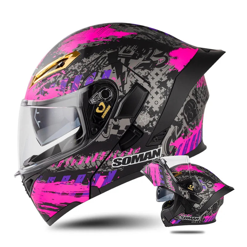 DOT Approved Men's Motorcycle Helmet Full Face Helmet with Double Visor Flip Up Motocross Helmet Four Seasons Universal