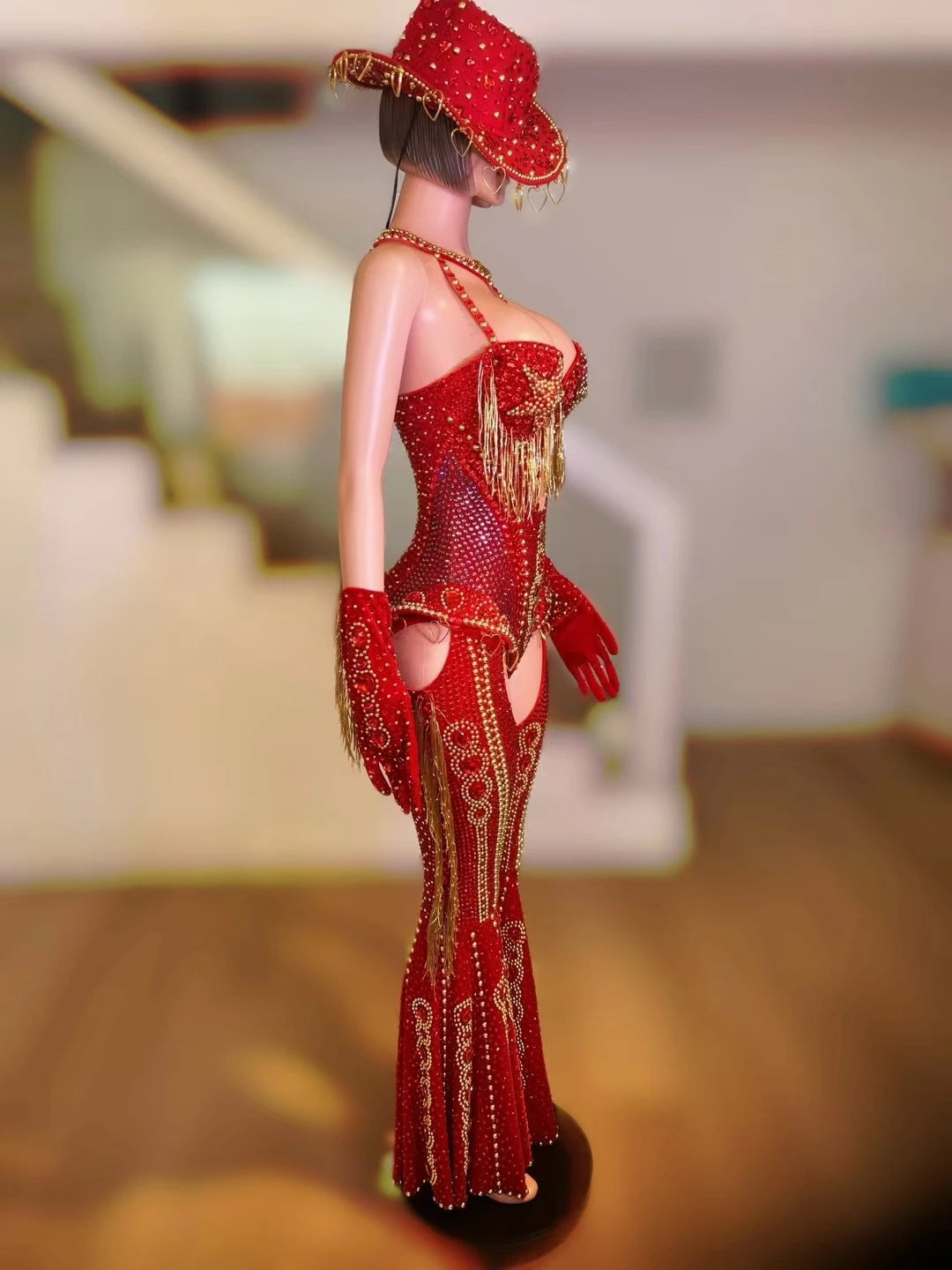 Women Sparkly Rhinestone Bodysuit 4Pieces Set Night Party Cowboy Show Outfit Cabaret Carnival Showgirl Sexy Jumpsuit Hongding