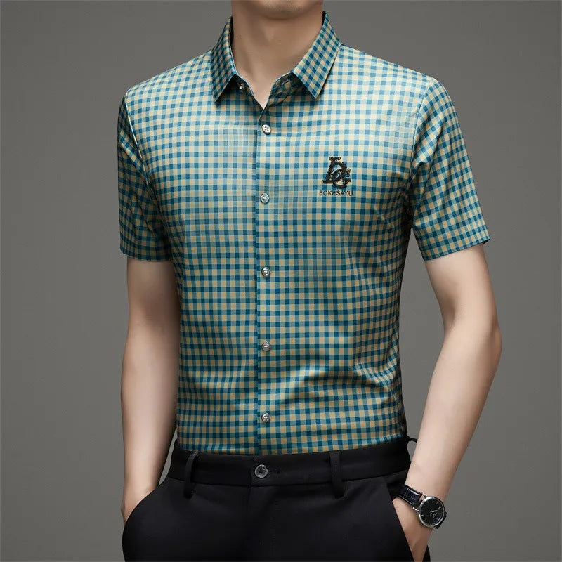 High End Man's Plaid Shirts Non-iron Business Fashion Leisure Tops Luxurious Male Short Sleeve Summer Quality Thin Shirt for Men