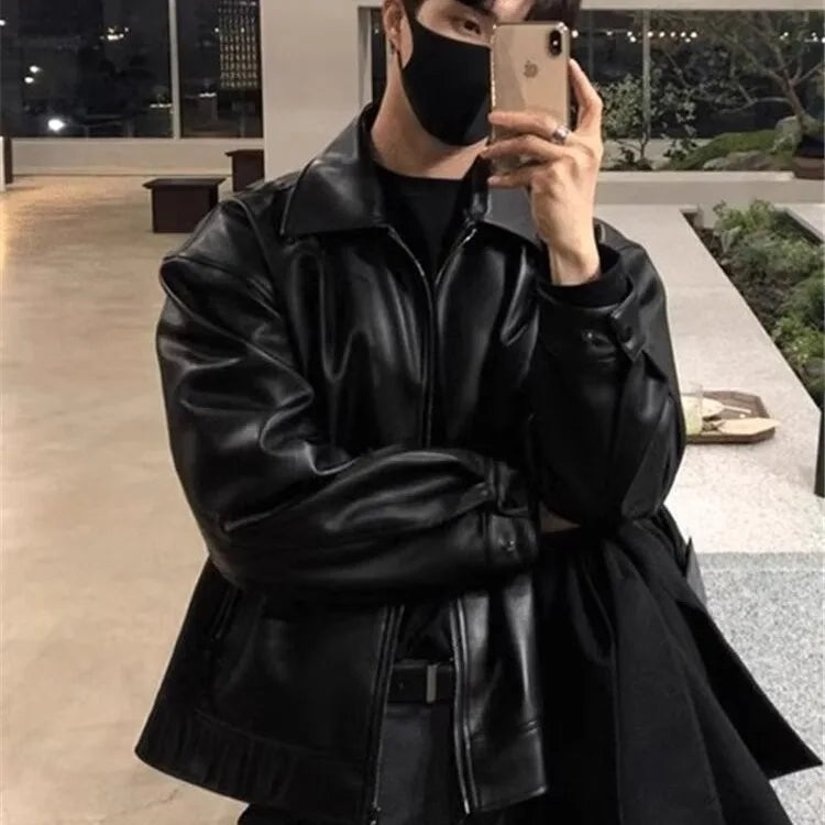 American Retro Bla Leather Jaet Men's Slimming Trendy Casual Turn-down Collar Jaet Top Loose Fit Versatile Youthful
