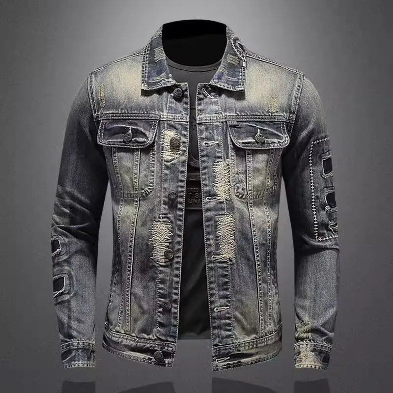 Spring  Autumn New Fashion Trend Ripped Vintage Jeans Jacket Men's Casual Loose Comfortable High Quality Denim Coat