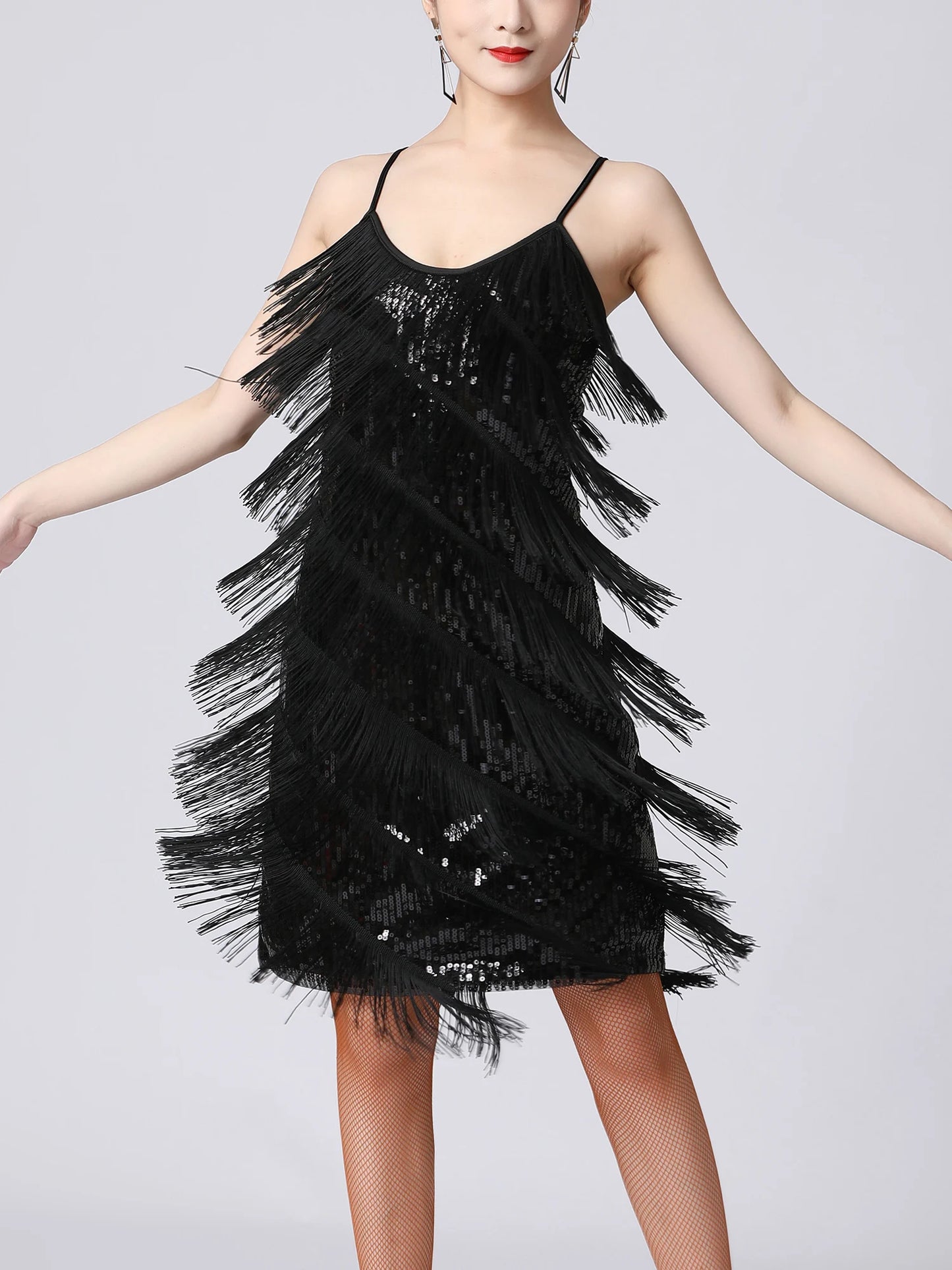 Women Salsa Latin Dance Dress Sequin Tassel Fringe Flapper Dress 1920s Gatsby Cocktail Dress Tango Ballroom Dancing Costume