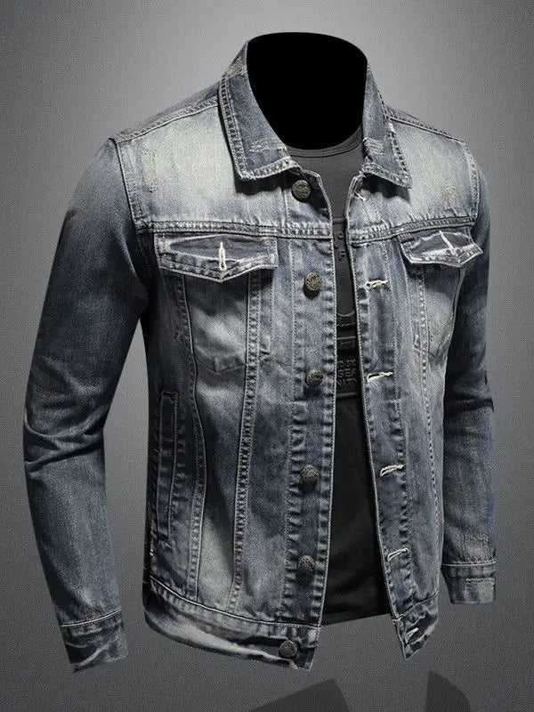 2025 Men's Autumn Winter Brand Casual Cotton Jacket with American Retro Motorcycle Embroidered Street Fashion Grey Jeans Coat
