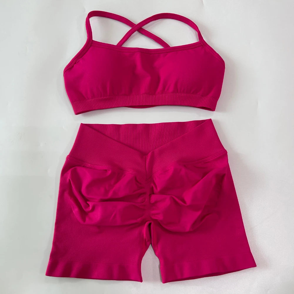 2 Pieces Set For Woman Clothes Seamless Scrunch Yoga Shorts Set Backless ktp Sports Bra Fitness Workout Top Gym Set Outfits