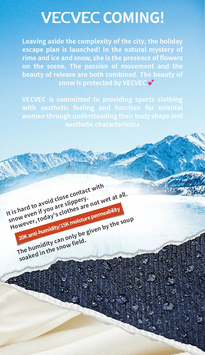 VECVEC Slim Ski Breathable Suit Women Snowboard Clothing Snow Suit Windproof Waterproof One Piece Bib Ski Wear
