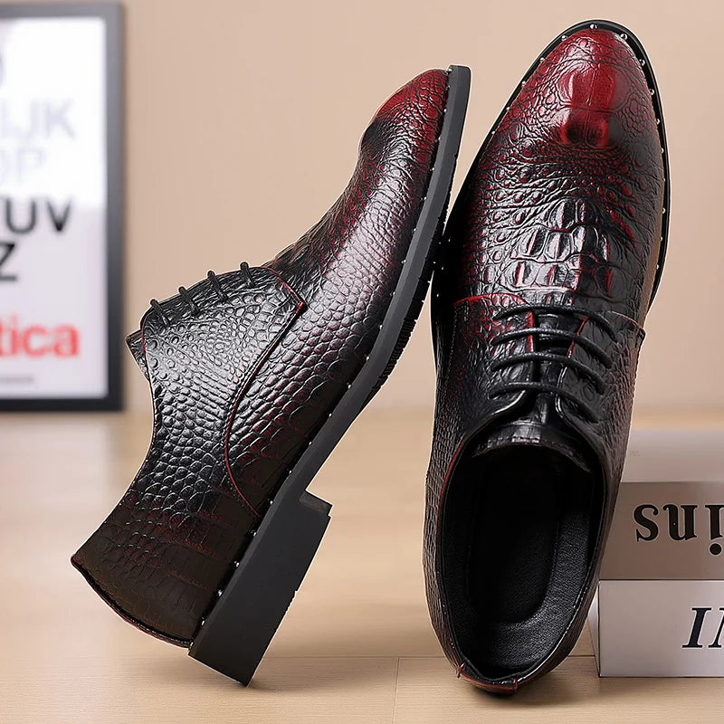 Men's Lace-Up Retro British-Style Casual Shoe Crocodile-Patterned Pointed Toe Formal Shoe Comfortable And Breathable Party Shoes