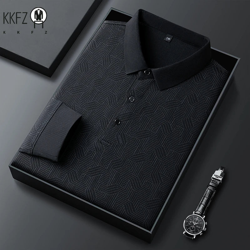 New Men's Business Casual Long Sleeved Shirt with Badge Solid Color Polo Shirt Fashionable Breathable Comfortable Versatile Top