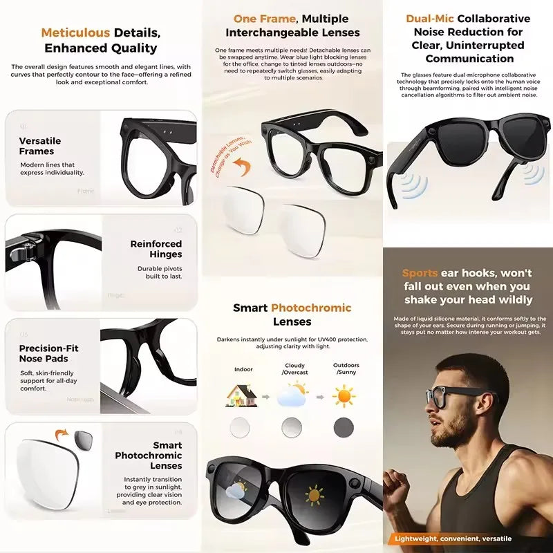 2026New 800W 4K Camera Smart Glasses Men 3600mAh Power Real-timeTranslation Bank 32GB Photo Record Videos Music Sunglasses Women