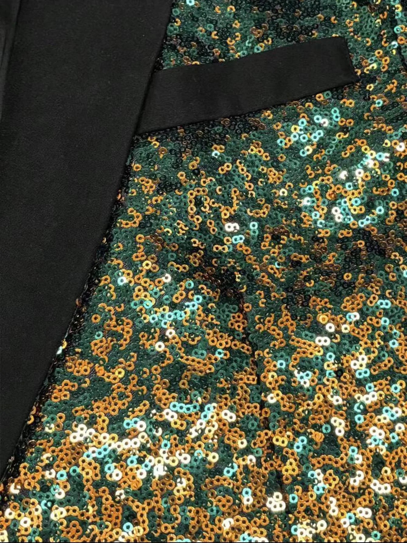 Shiny Sequin Tuxedo Jacket for Men - Royal Blue & Gold Gradient, Black Lapel, Formal Party/Wedding/Stage Wear‌ Coat.