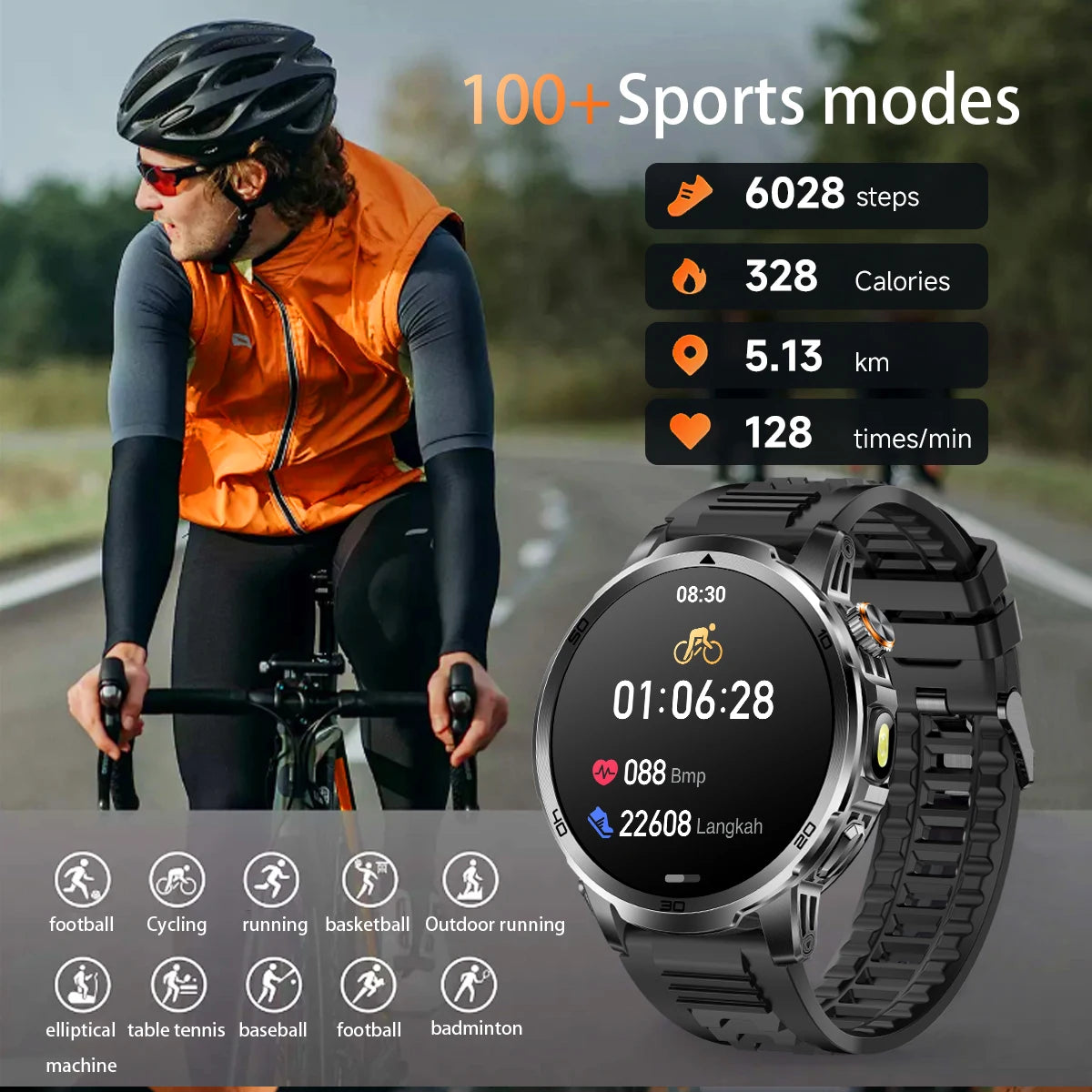 Fanwear men's smart watch SOS distress light +LED flashlight dual light mode 1000 mAh battery GPS trajectory 1.85 inch AMOLED