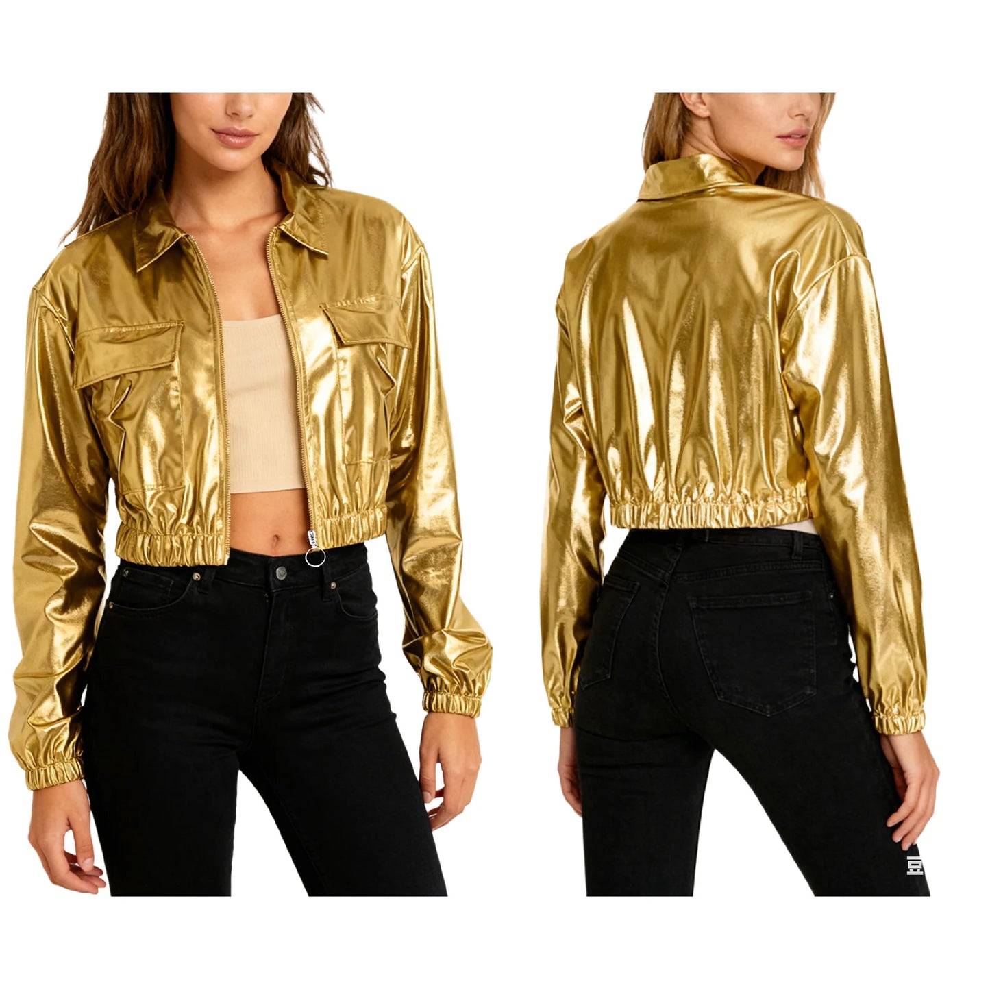 Womens Metallic Shiny Cropped Jacket Lapel Long Sleeve Front Zipper Chest Flap Pockets Crop Outerwear Biker Motor Jacket Tops