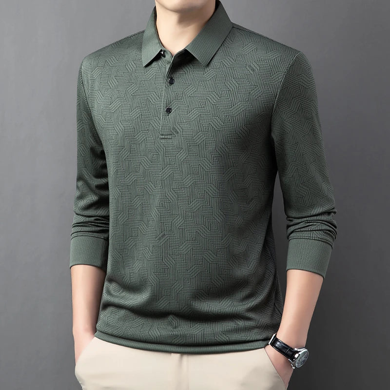 New Men's Business Casual Long Sleeved Shirt with Badge Solid Color Polo Shirt Fashionable Breathable Comfortable Versatile Top