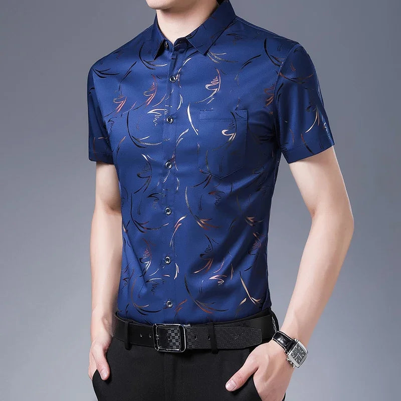 New Men's Casual Printed Short Sleeved Lapel Shirt for Summer Fashion Comfort No Ironing Wrinkle Resistant Top
