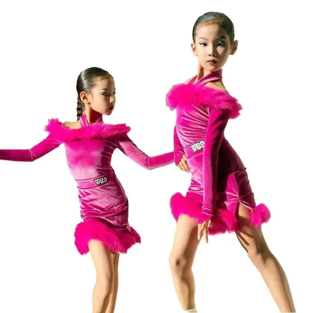 Latin american Dance velvet feather Long Dress Girls Kids Samba Salsa Cha Cha Rumba Tango Children Competition Ballroom Dresses