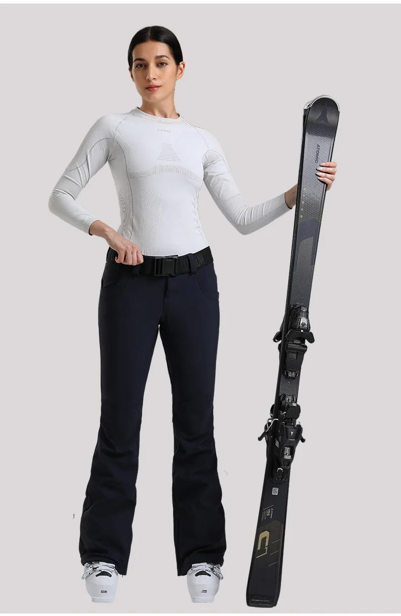 New Women's Ski Pants Stretch Slim-fit Dual-layer Insulated Professional Windproof Waterproof Breathable Solid Color Ski Pants
