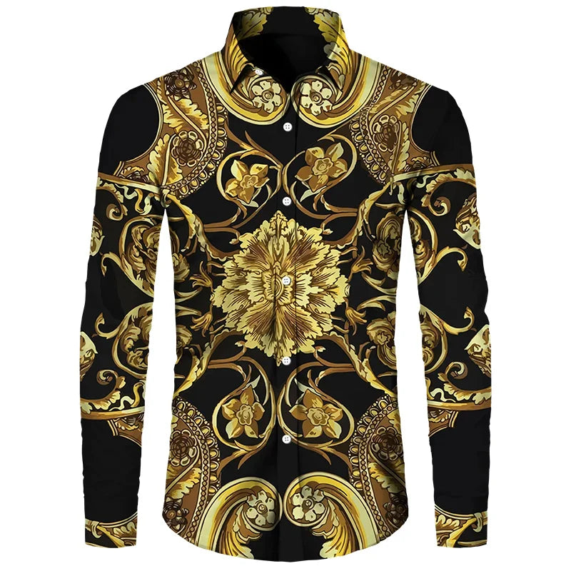 2024 New Luxury Golden Flower Chain 3D Print Men Long Sleeve Shirt Casual Mens Designer Clothing Streetwear Lapel Button Shirts