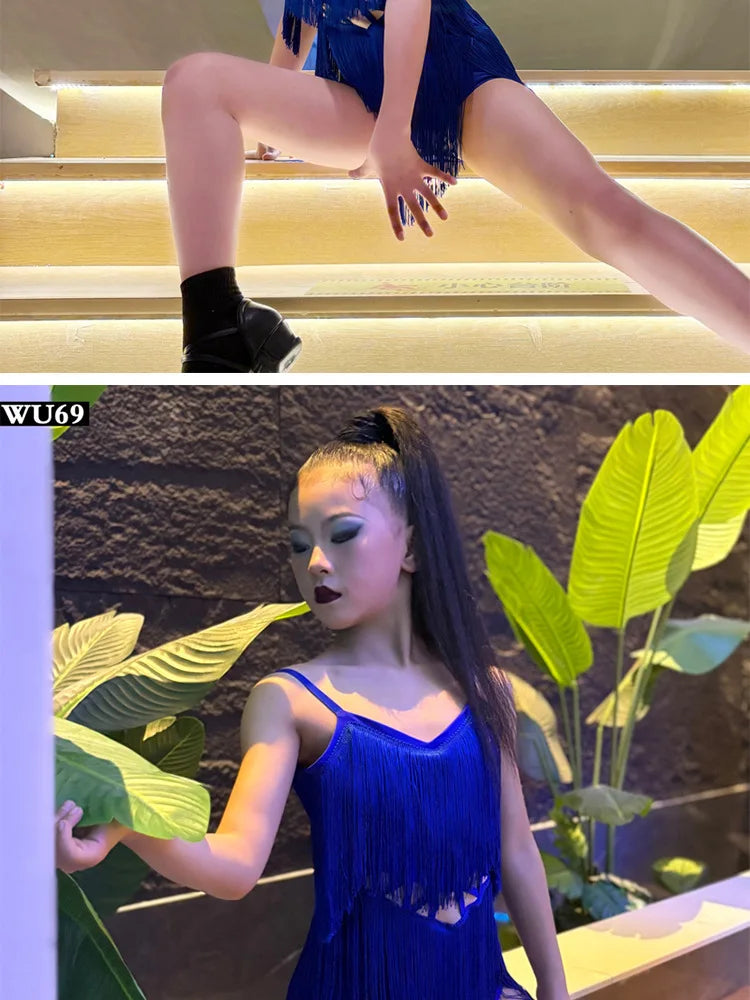 Latin american Dance velvet feather Long Dress Girls Kids Samba Salsa Cha Cha Rumba Tango Children Competition Ballroom Dresses