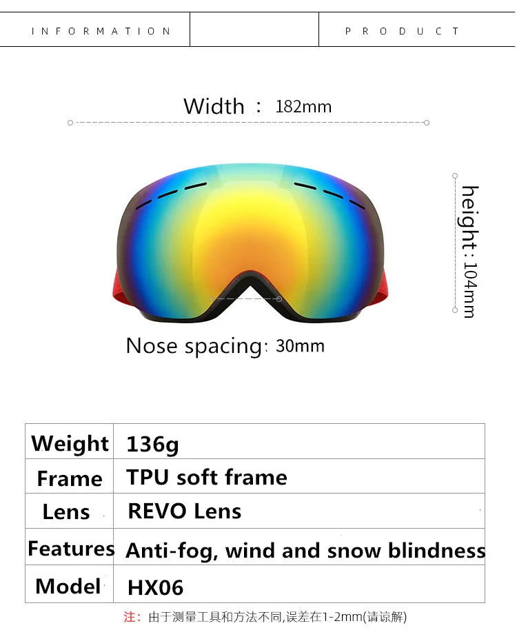 JSJM New Ski Goggles Men Women Double Layers Anti-Fog Big Ski  UV400 Glasses Protection Skiing Winter Snow Snowboard Goggles