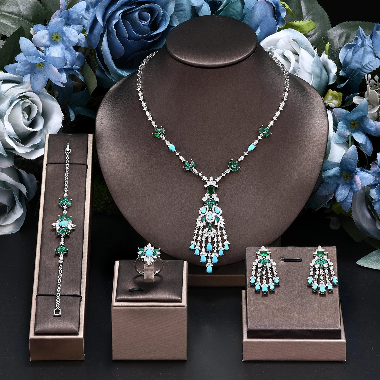 Tassel Turquoise Dubai Jewelry Sets for Wedding Birthday Party 4 Pieces Jewelry Necklace Set Bridal Accessories