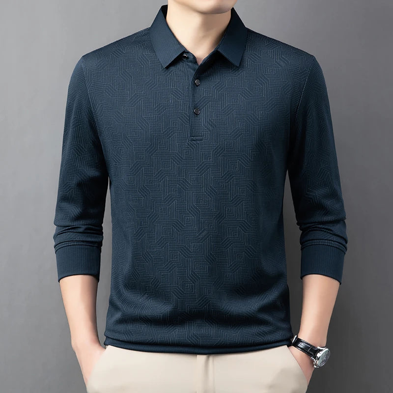 New Men's Business Casual Long Sleeved Shirt with Badge Solid Color Polo Shirt Fashionable Breathable Comfortable Versatile Top
