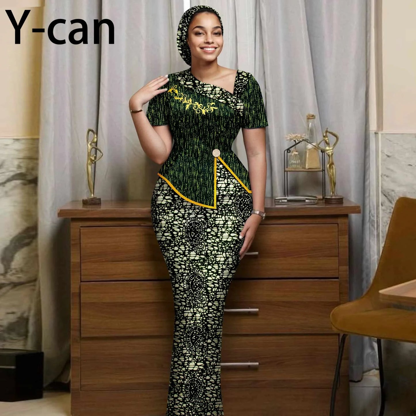 African Women Skirt Set Luxury Gown Short Sleeve Slit Top and Slim Skirt Vestidos with Headwrap Wedding Dress 2526056