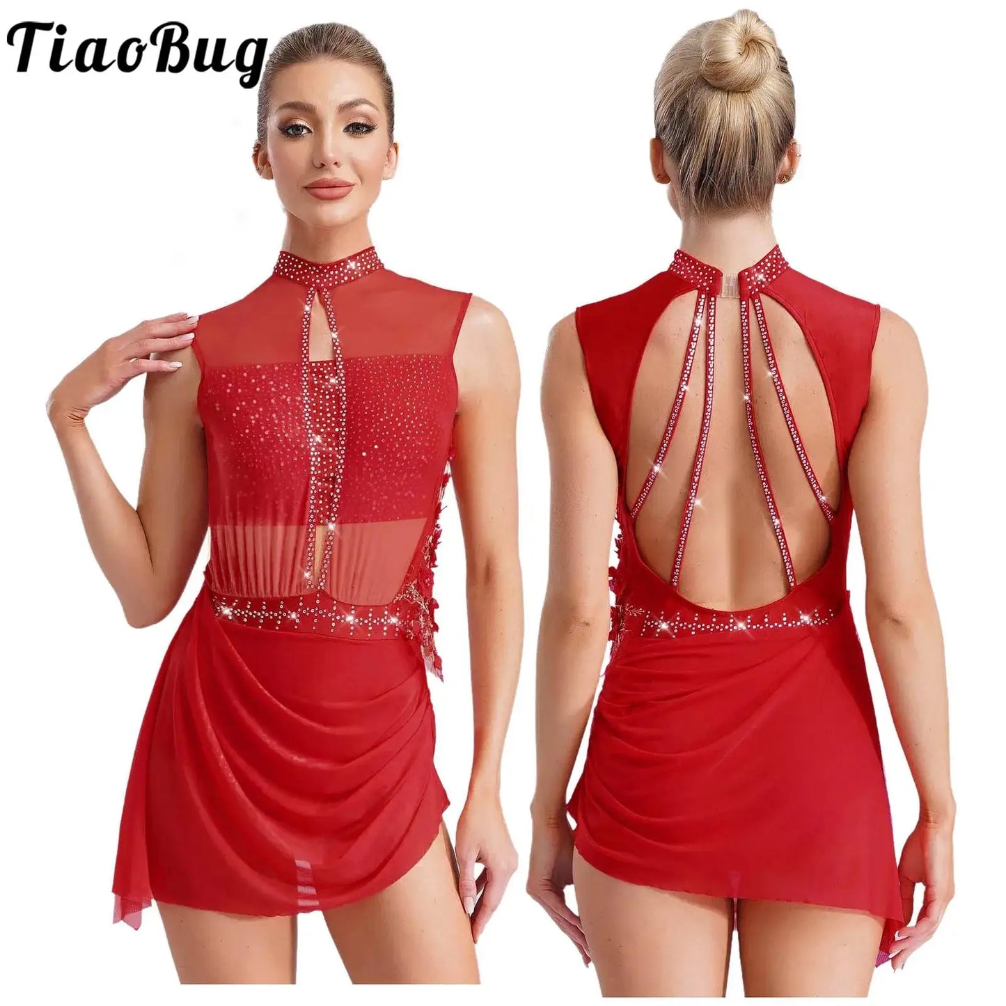 Women Lyrical Dance Dress Ballet Figure Skating Gymnastics Stage Performance Costume Sleeveless Rhinestones Applique Leotards