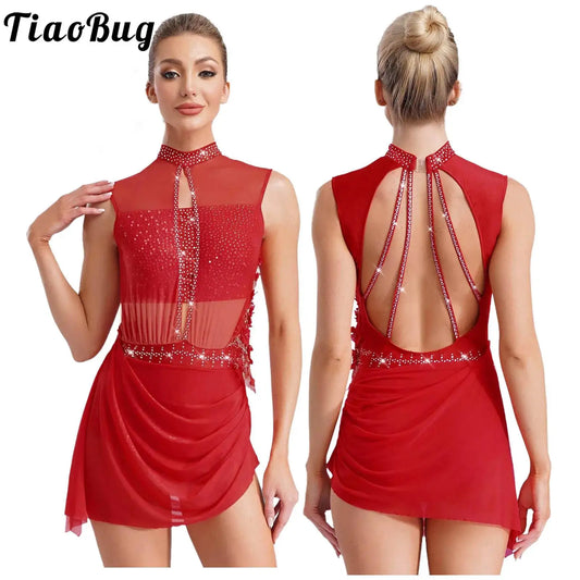Women Lyrical Dance Dress Ballet Figure Skating Gymnastics Stage Performance Costume Sleeveless Rhinestones Applique Leotards