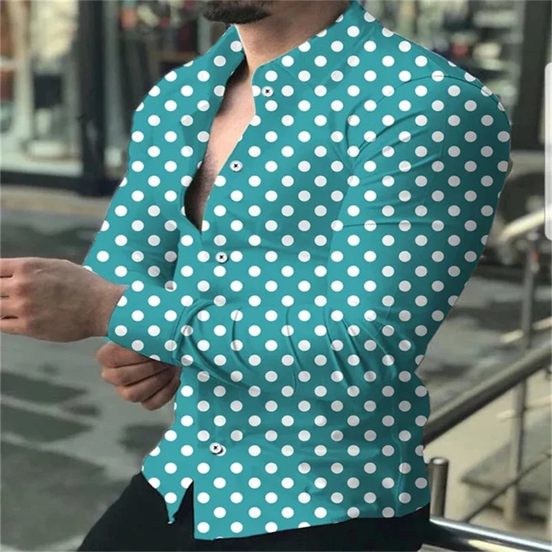2024 new men's button-down long-sleeved polka dot lapel shirt outdoor street fashion casual breathable comfortable clothing top