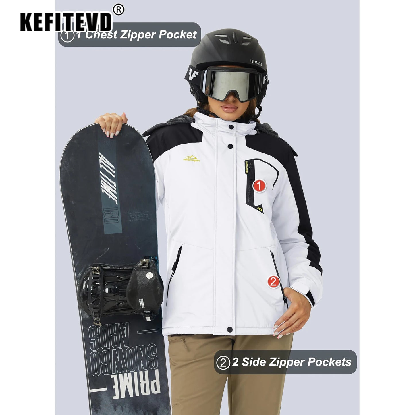 KEFITEVD Women's Winter Heavyweight Snowboard Skiing Jacket Outdoor Thermal Warm Hiking Jackets Coats Windbreaker Outwear Casual