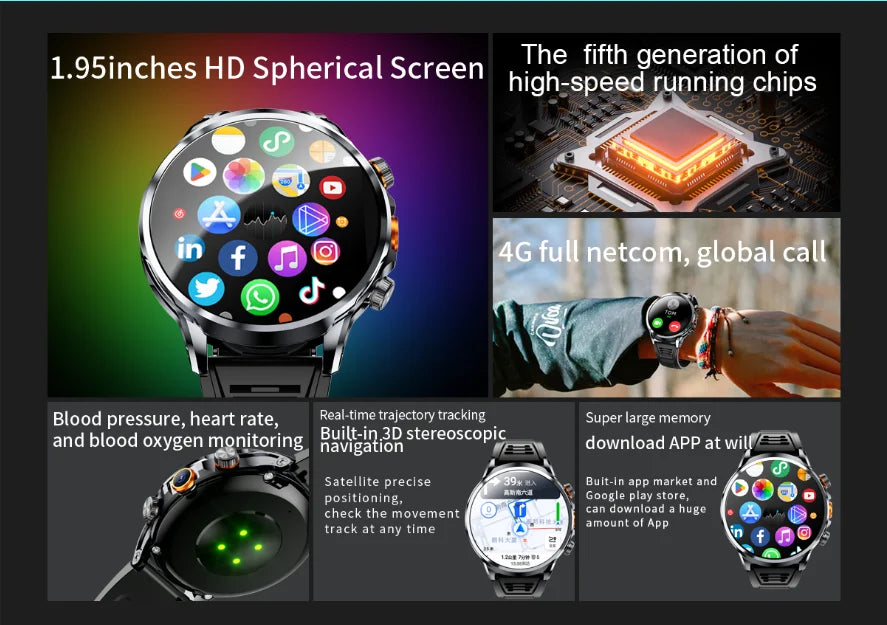 16+256GB Android H18 Smartwatch 4G LTE 1100Mah Battery Play Store Heart Rate 1.95 inch Spherical screen Smart Watch Men GPS WIFI