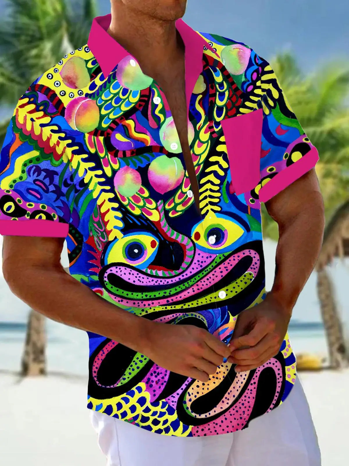 New Hawaii Spring/Summer Fashion Leisure Street Walk Tourist Beach Printed Full Open Short Sleeve Button Shirt, Quick Shipping
