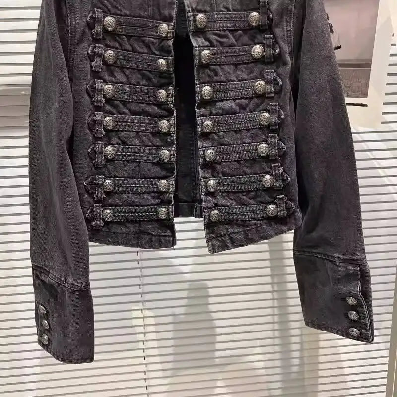 DEAT 2025 Autumn New Fashion Metal Buckle Design Shoulder Strap Denim Short Jacket For Women High Street Coat Female 11A06995