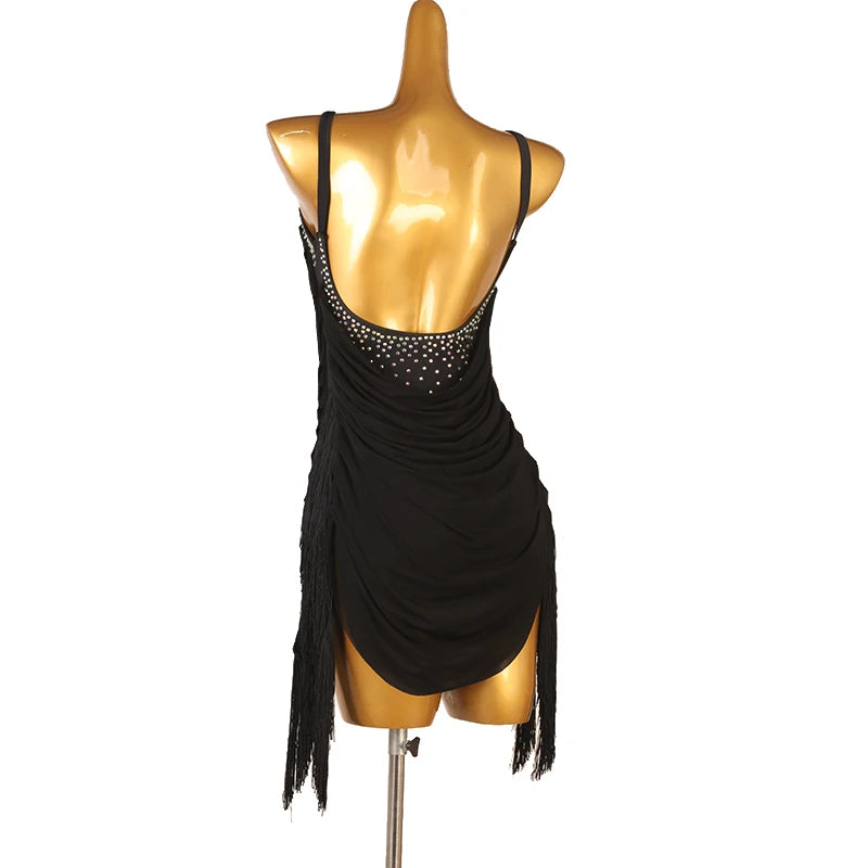Women's Black Fringe Latin Dance Dress Ballroom Waltz Tango Samba Sling Backless Salsa Performance Competition Clothes