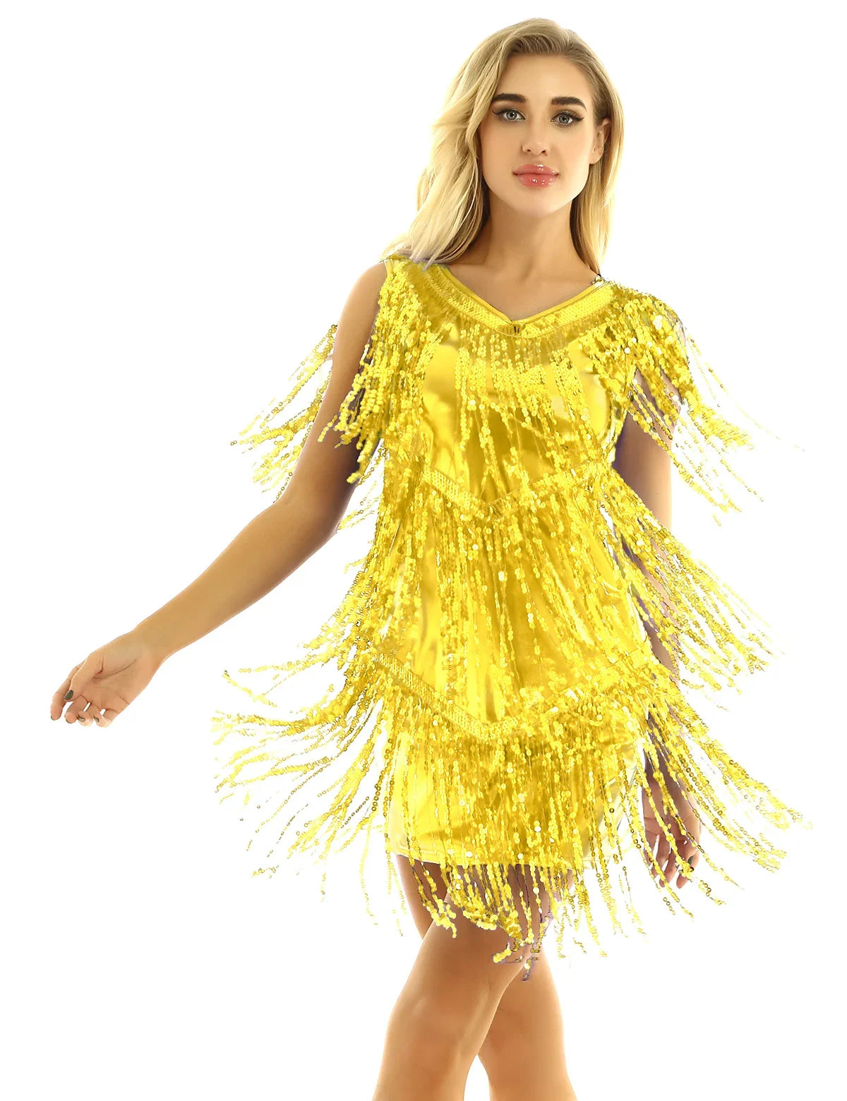 Women Latin Dress Shiny Sequin Sleeveless Tassels Fringed Dress Tango Samba Rumba Ballroom Salsa Jazz Dance Performance Costume