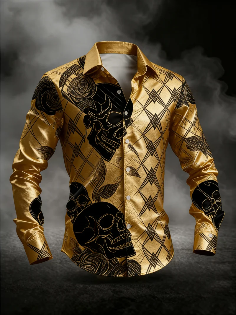 Fashion men's long sleeved shirt skull 3D print rose series gold black skull men's top soft long sleeved shirt Men Clothing