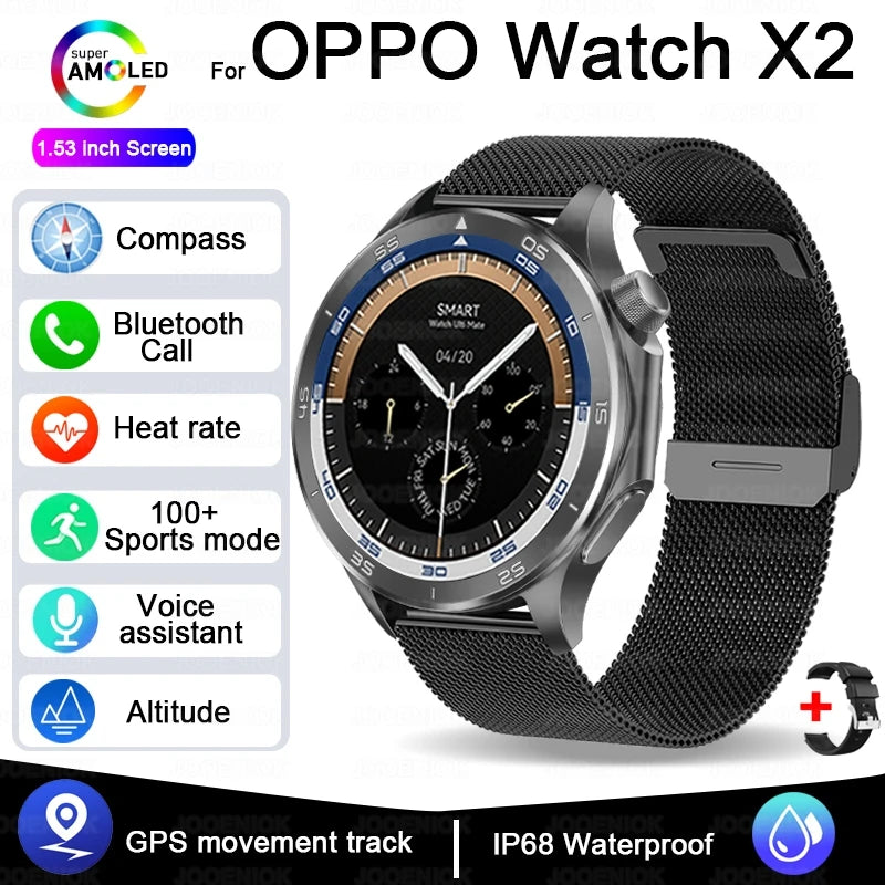 2025 New OPPO X2 Smart Watch Men's GPS Sports IP68 Waterproof Compass Heart Rate Blood Oxygen Bluetooth Call Smartwatches IOS