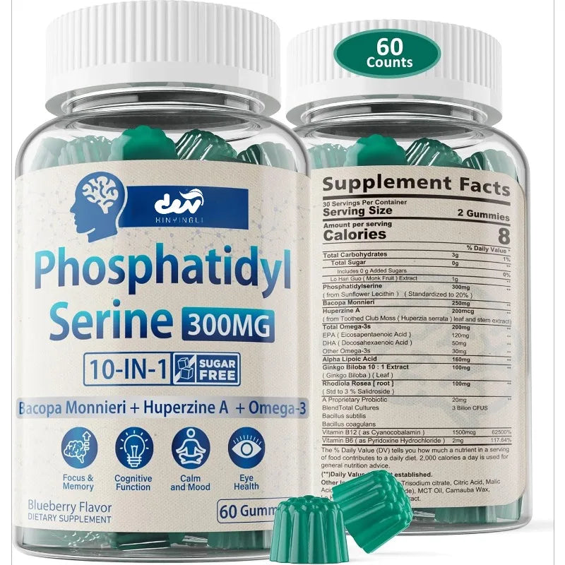 Phosphatidylserine supplement, adult focus and energy gummies, 10 in 1 brain supplement, containing purslane, 60 capsules