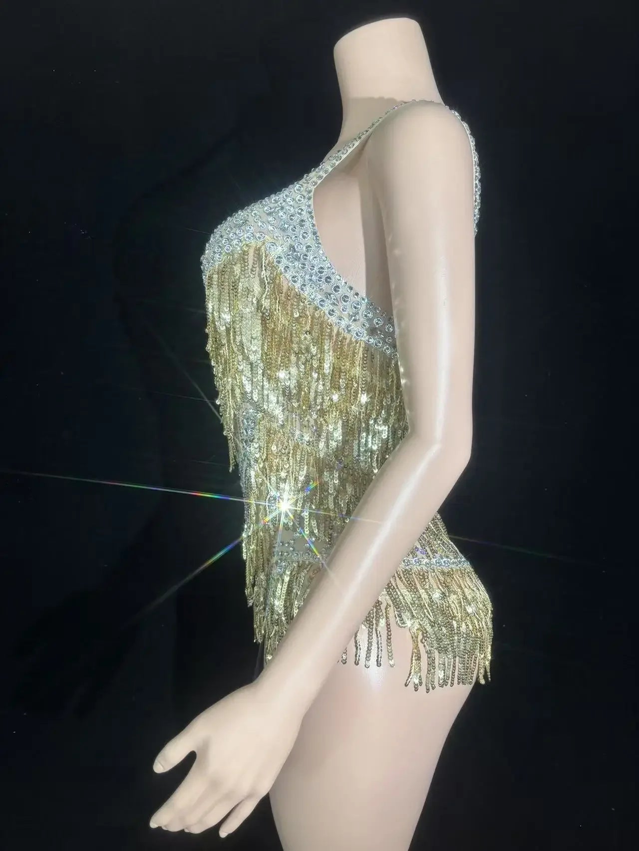 Sparkly Rhinestones Sequins Tassel Bodysuit Women Sexy See Through Performance Dance Costume Singer Dancer Stage