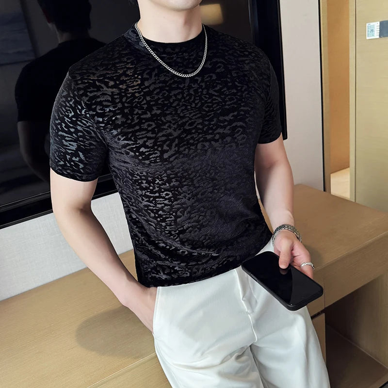 Men's T-Shirts Korean Fashion Gold Velvet Short Sleeve Mens Casual T Shirt Slim Fit Breathable Turtleneck Tee Shirt Homme 4XL-M