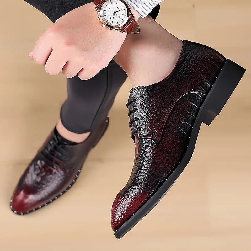 Men's Lace-Up Retro British-Style Casual Shoe Crocodile-Patterned Pointed Toe Formal Shoe Comfortable And Breathable Party Shoes