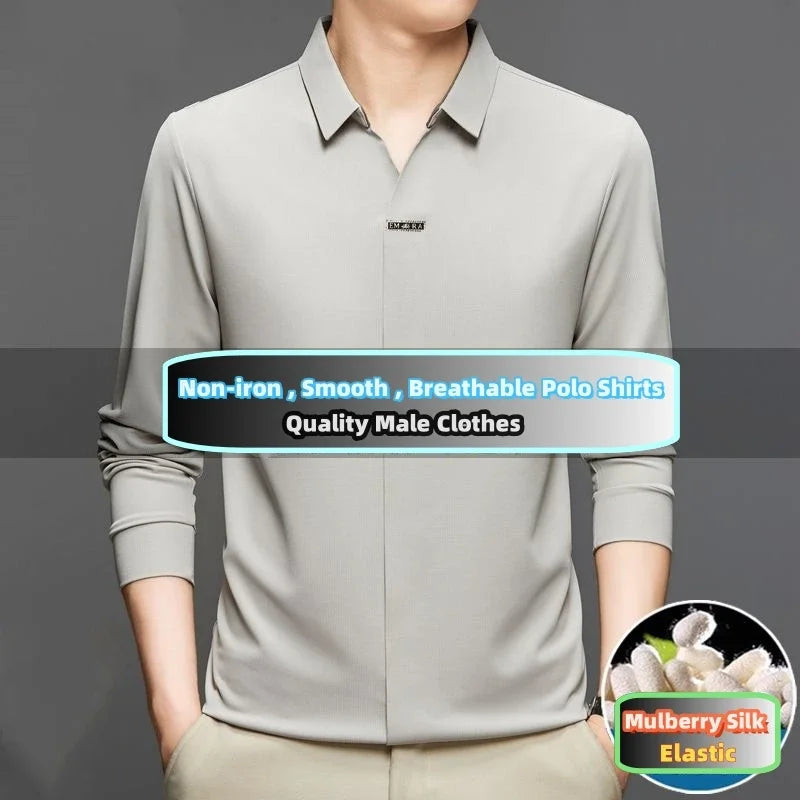 High End Mulberry Silk T-shirts Man Long Sleeve Tops Business Casual Elastic Non-iron Seamless Quality Luxurious Men Polo Shirts