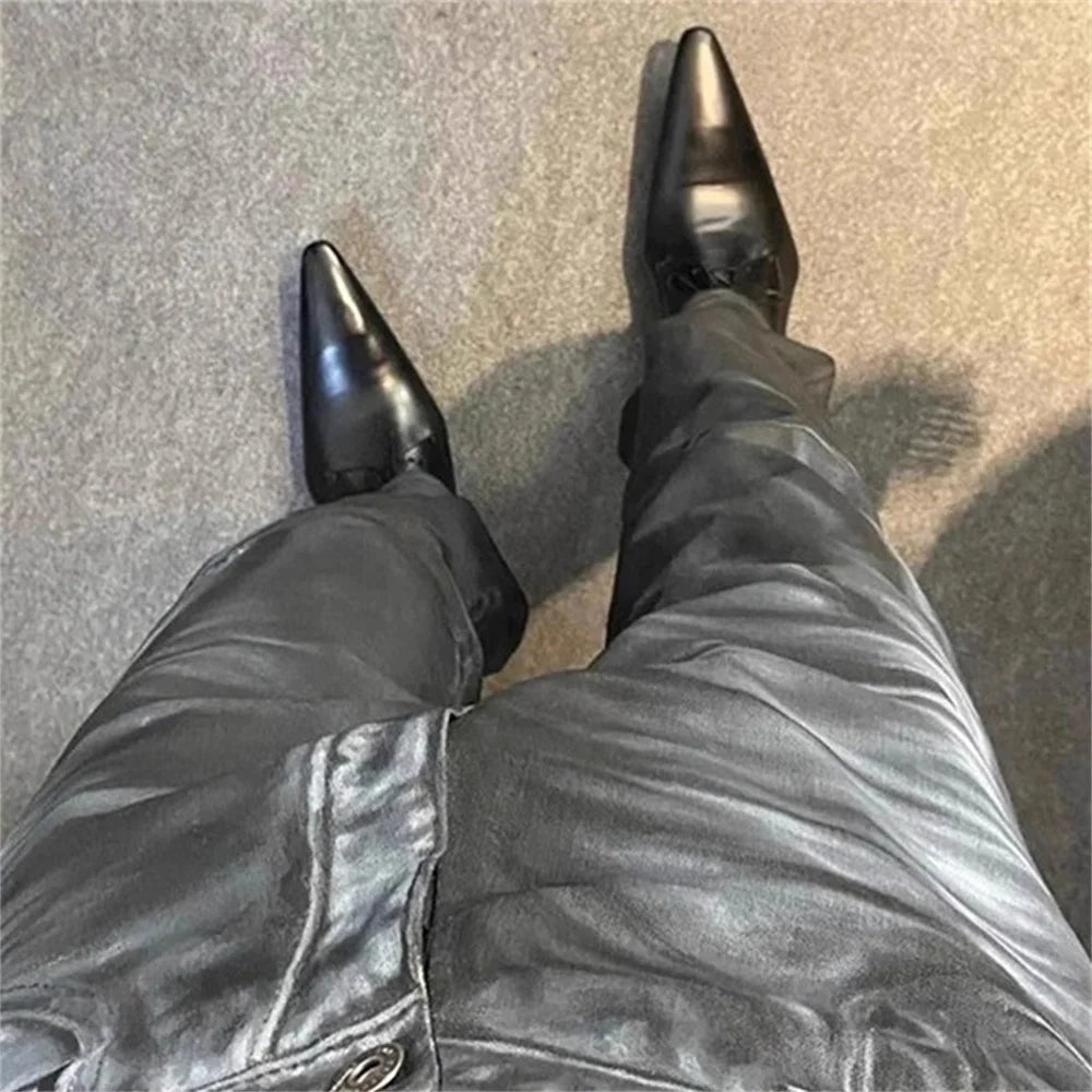 Pointed Leather Shoes for Men Black Retro Derby Shoes Business Formal Lace Up Casual Shoes Men Shallow Summer New Leather Shoes