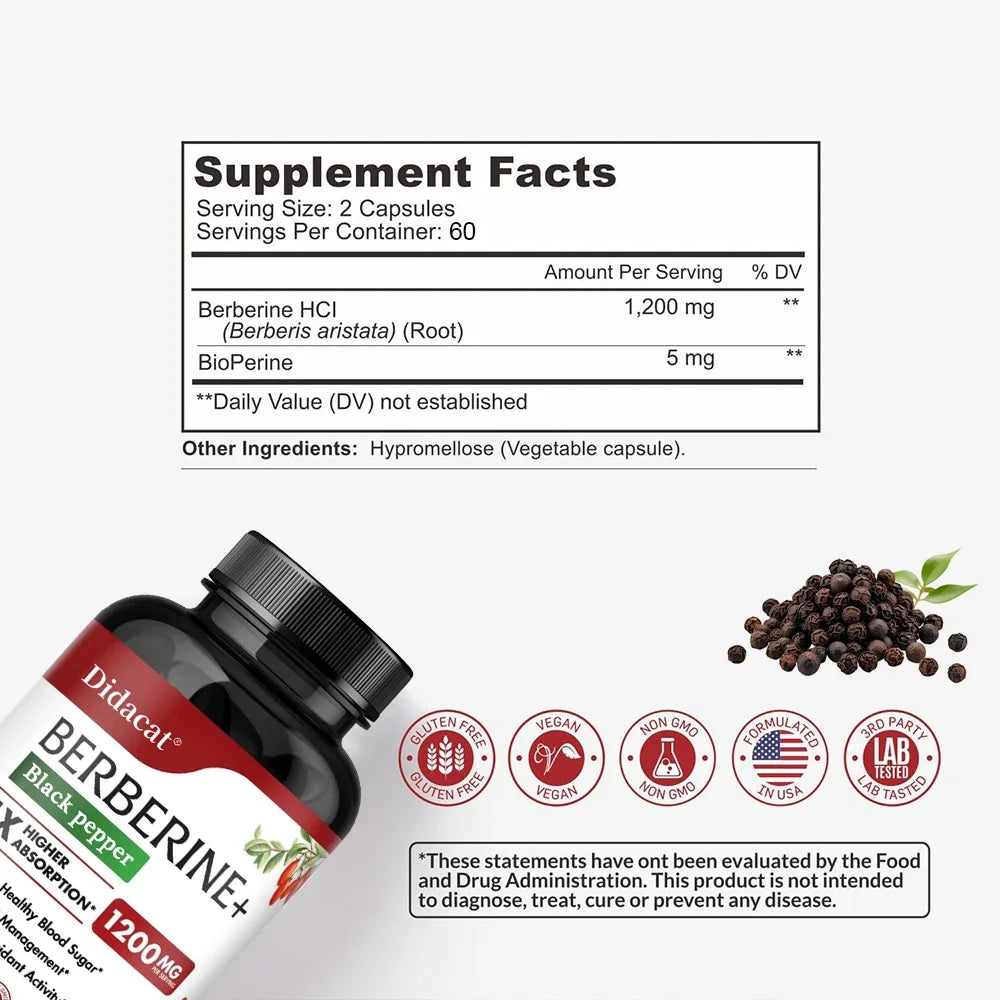 Berberine HCl Supplement - for Metabolism & Cholesterol, Weight Management, GI & Immunity Vegetarian, Gluten-Free