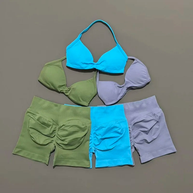 2 Piece Sports Gym Set Strappy Bra Yoga Underwear Short Sport Leggings Bicycle Running Sportswear Woman Seamless Yoga Set