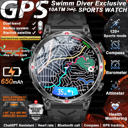 2026 New Outdoor Sports Smartwatch Men GPS Positioning 650mAh HD Call 1.56-inch AMOLED Screen Compass 5ATM Waterproof Watch Man