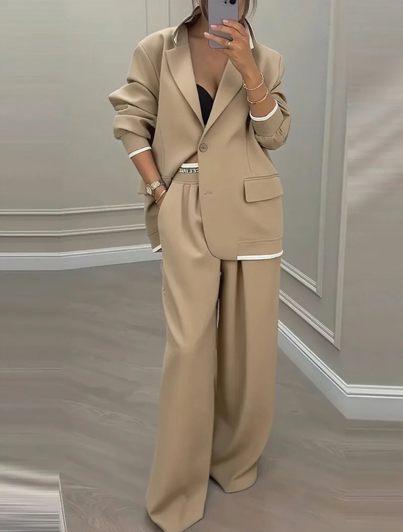 Temperament Women's Pants Suit Loose Solid Color Autumn Winter Commuting Long-sleeved Lapel Top Wide-leg Trousers Two-piece Set