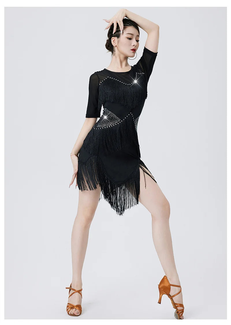 Women's Flapper Dress Fringe Salsa Latin Dance Dress Party Ballroom Dancer Outfits With Shorts Long Sleeve  Tango Samba Rumba