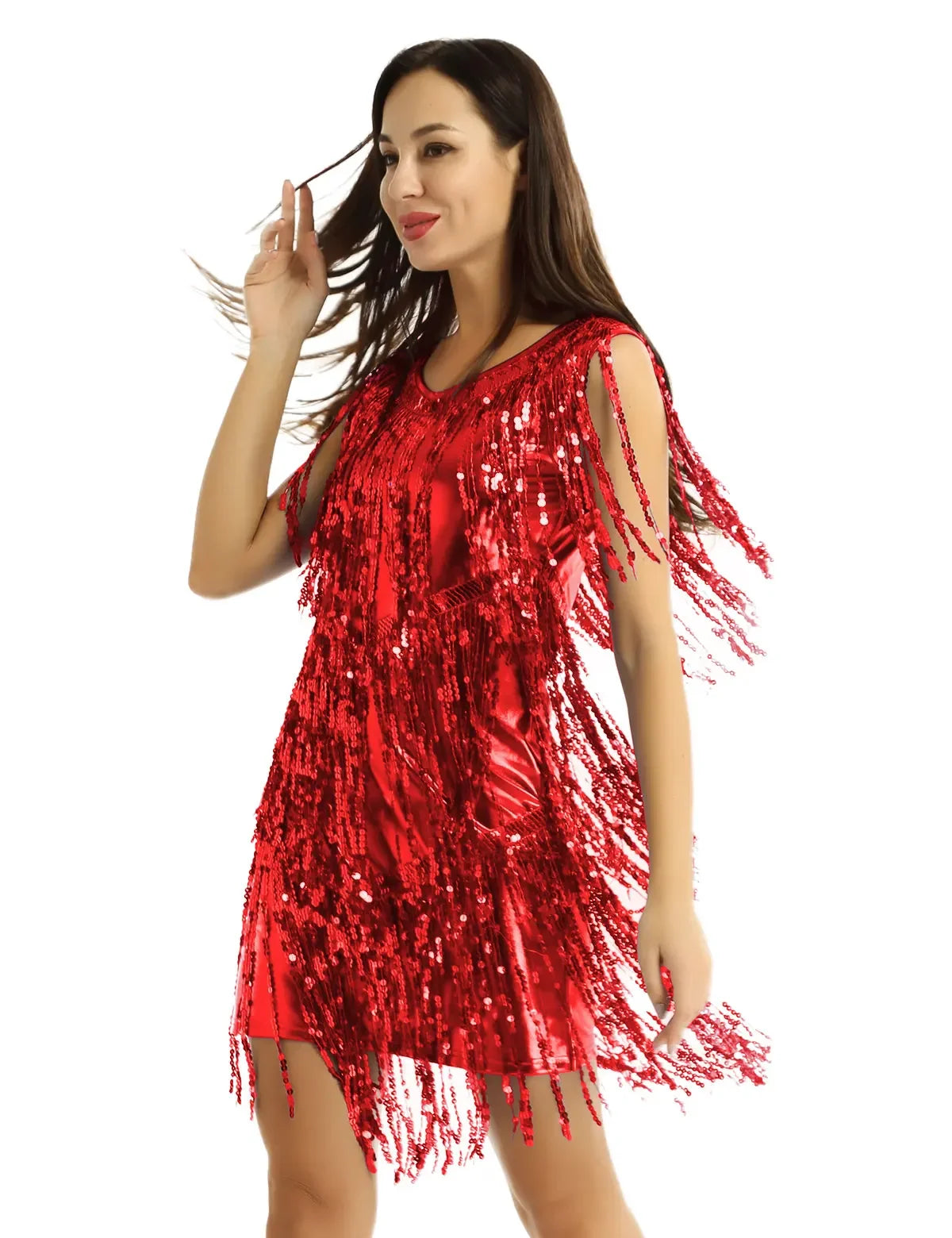 Women Latin Dress Shiny Sequin Sleeveless Tassels Fringed Dress Tango Samba Rumba Ballroom Salsa Jazz Dance Performance Costume