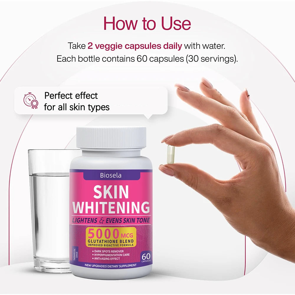 Glutathione Whitening Pills Dark Spots & Acne Scar Remover 5000mcg Vegan Skin Bleaching Pills with Anti-Aging & Antioxidant